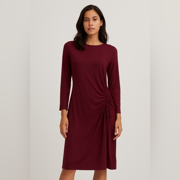 Banana Republic Burgundy Dress Long Sleeve Side Cinch Side Slit Stretch Large - Picture 1 of 12